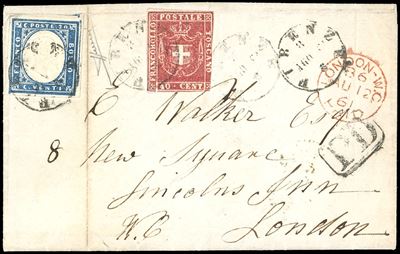 1861, 40 cent. carminio corto a destra in affrancatura mista con 20 cent. azzurro scurissimo IV e...