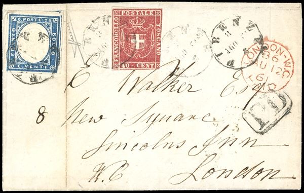 1861 - 40 cent. carminio, corto a destra, in affrancatura mista con 20 cent. azzurro scurissimo IV emissione di Sardegna, perfetto e ben marginato (15C), su lettera da Firenze 8/8/1861 a Londra. Interessante destinazione. Cert. Sorani.
