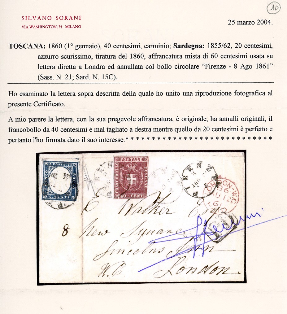 1861, 40 cent. carminio corto a destra in affrancatura mista con 20 cent. azzurro scurissimo IV e...