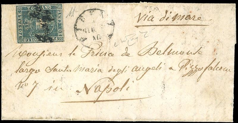 FIRENZE, Insufficiente punti 10 - 20 cent. (20), perfetto, su lettera del 1/6/1861 diretta a Napoli, manoscritto "via di mare". Pregevole annullo. A.Diena, Raybaudi.  - Auction Philately - Cambi Casa d'Aste
