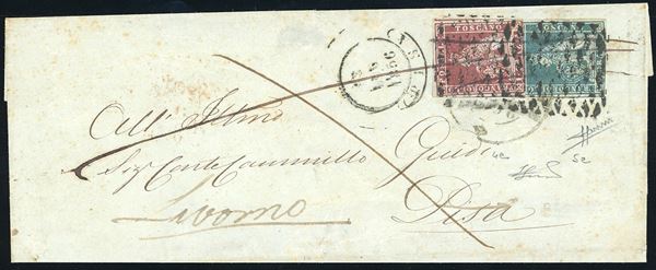 LIVORNO, doppio cerchio + muto a ragno + penna coannullatori - 1 crazia, 2 crazie (4e,5e), ottimo stato, su lettera per Pisa 13/7/1856, rispedita a Livorno. Bella combinazione di coannullatori, non catalogata! Sorani, Ferrario.