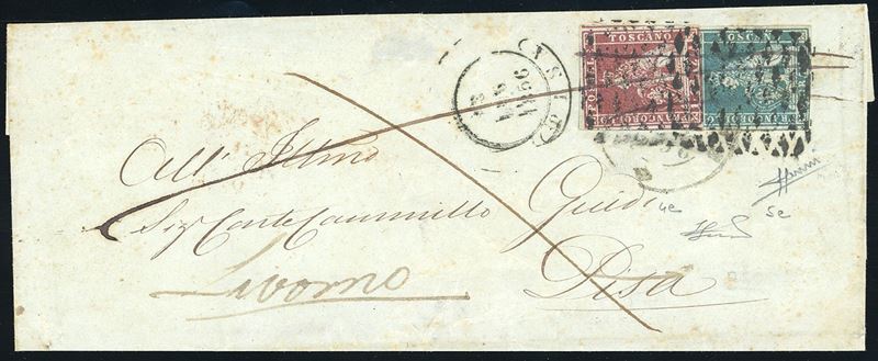 LIVORNO, doppio cerchio + muto a ragno + penna coannullatori - 1 crazia, 2 crazie (4e,5e), ottimo stato, su lettera per Pisa 13/7/1856, rispedita a Livorno. Bella combinazione di coannullatori, non catalogata! Sorani, Ferrario.  - Asta Filatelia - Cambi Casa d'Aste