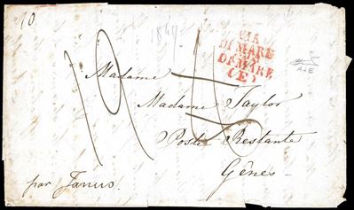 Lettera dal Regno Unito a Genova del 14 maggio 1849, tassata 8 e 12, bolli 'A' + 'E', 'par Janus'...