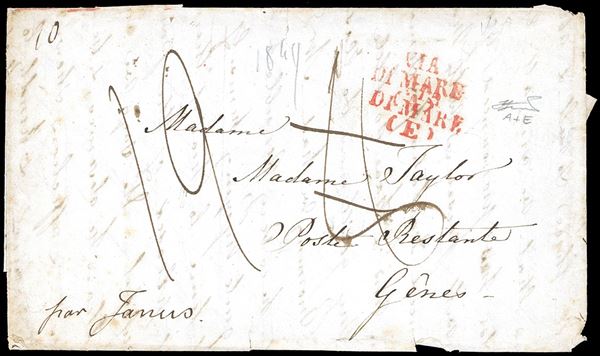1849? - Lettera dal Regno Unito, presumibilmente del 14/5/1849, a Genova, tassata 8, detassata e tassata 12, dicitura "par Janus", bolli Via di mare "A" + "E". Rara. Ferrario.