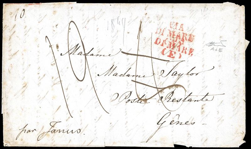 1849? - Lettera dal Regno Unito, presumibilmente del 14/5/1849, a Genova, tassata 8, detassata e tassata 12, dicitura "par Janus", bolli Via di mare "A" + "E". Rara. Ferrario.  - Asta Filatelia - Cambi Casa d'Aste