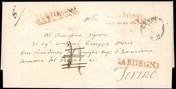 1859 - Bella lettera scritta a Cagliari 11/5/1859 e diretta a Torino, bollo di transito di Genova del 13/5 a lineare rosso "SARDEGNA", eccezionalmente ripetuto 5 volte. La lettera venne anche tassata ed in seguito detassata in quanto diretta ad un Senatore del Regno di Sardegna. Insieme raro. Ferrario.