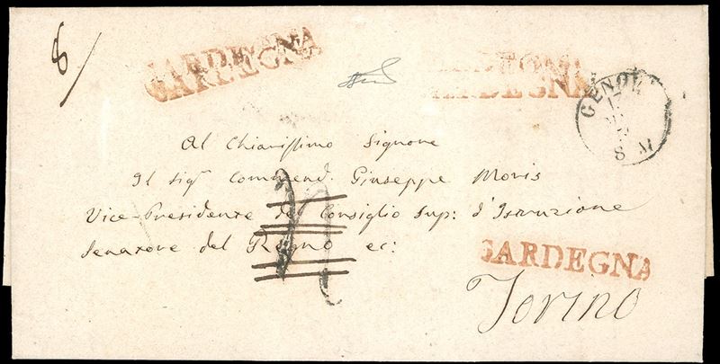 1859 - Bella lettera scritta a Cagliari 11/5/1859 e diretta a Torino, bollo di transito di Genova del 13/5 a lineare rosso "SARDEGNA", eccezionalmente ripetuto 5 volte. La lettera venne anche tassata ed in seguito detassata in quanto diretta ad un Senatore del Regno di Sardegna. Insieme raro. Ferrario.  - Asta Filatelia - Cambi Casa d'Aste