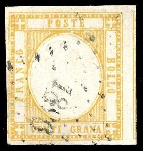 1861 - 20 grana giallo arancio delle Province Napoletane (23a), perfetto, usato con il numerale 1896 con punti e cifre piccole di Marsiglia (punti R3). Rarissimo. G.Oliva, Colla.