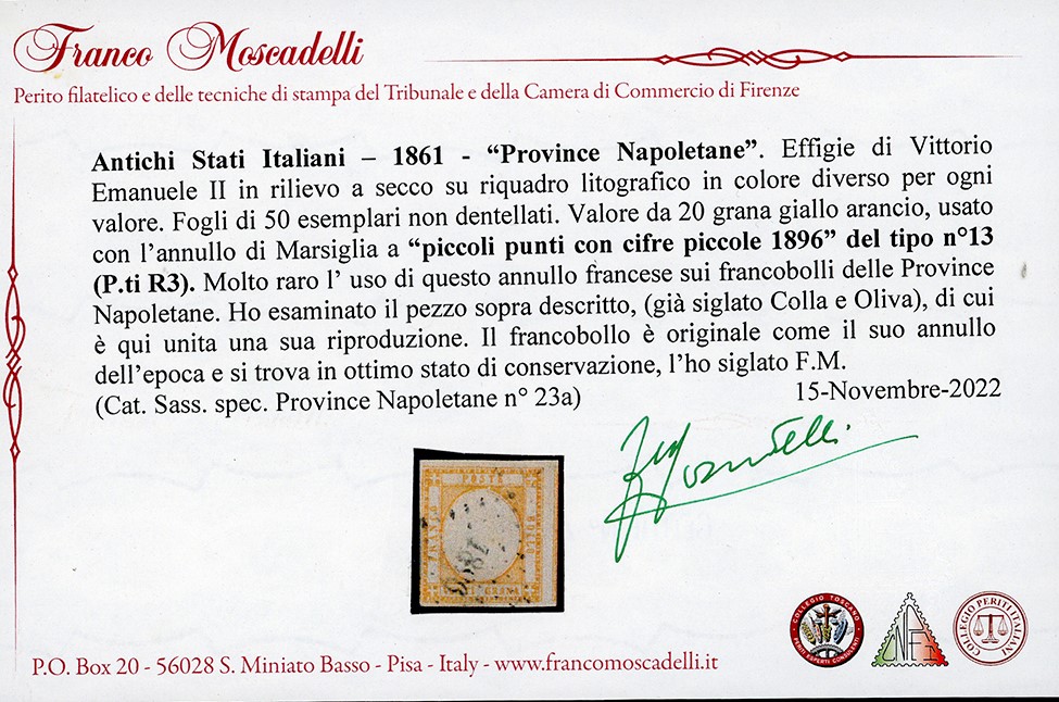 1861, 20 grana giallo arancio delle Province Napoletane, usato con numerale 1896