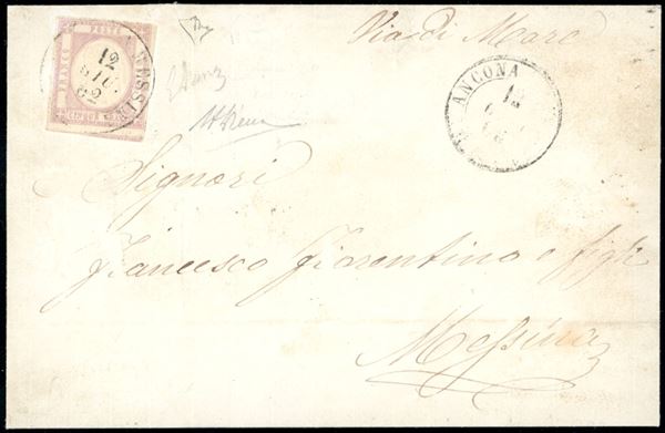 1862 - DA ANCONA A MESSINA, punti R2 - 5 grana (Province Napoletane 21c), sfiorato in alto, su sovracoperta di lettera scritta a Crotone e impostata direttamente sul battello il 12/6/1862 a Messina. Rarissima, PROBABILMENTE UNICA. Em.Diena, cert. A. ed E.Diena. Ex coll. Imperato.