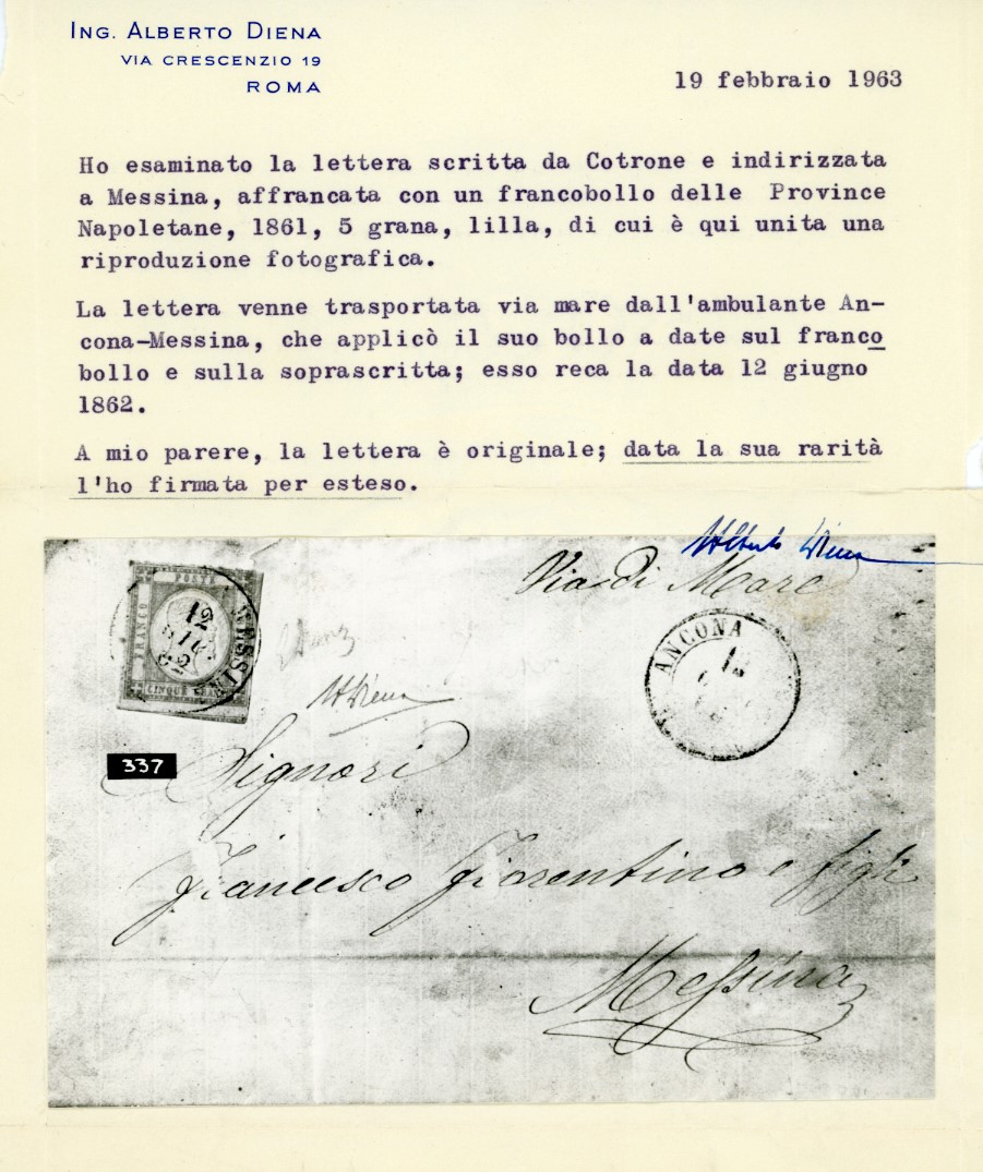 1862, DA ANCONA A MESSINA, punti R2 - 5 grana, su sovracoperta di lettera trasmessa, Messina