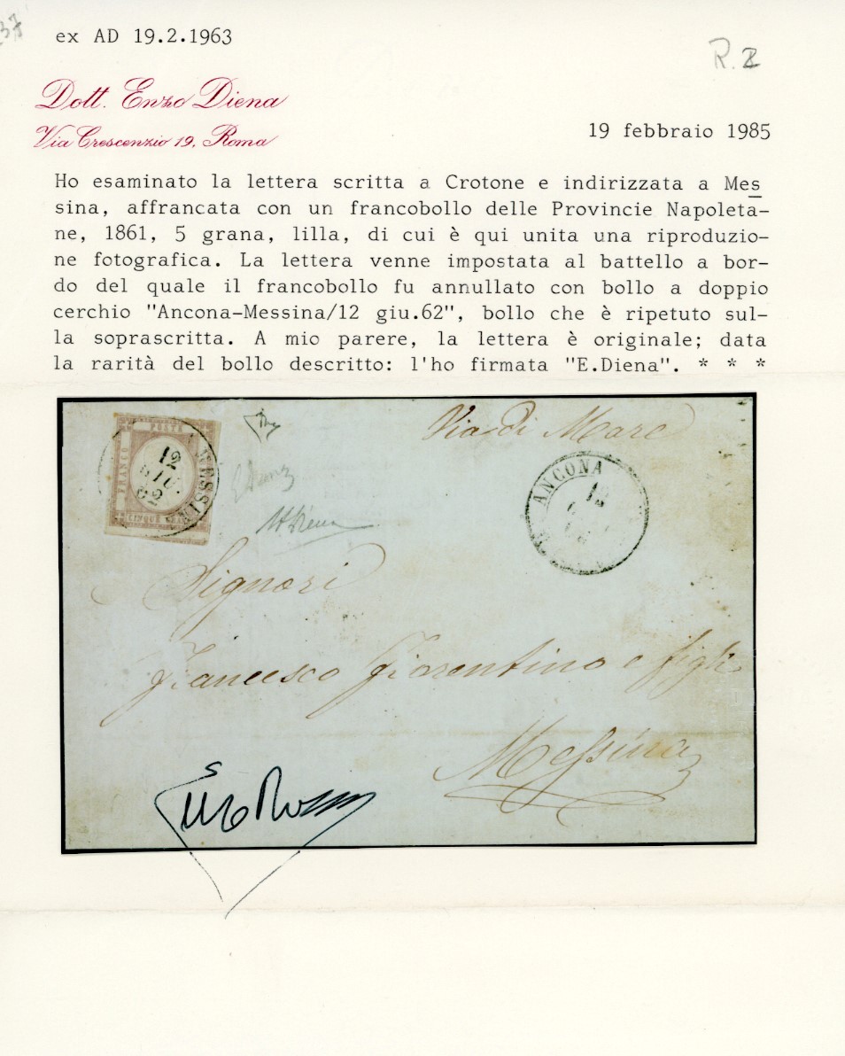 1862, DA ANCONA A MESSINA, punti R2 - 5 grana, su sovracoperta di lettera trasmessa, Messina