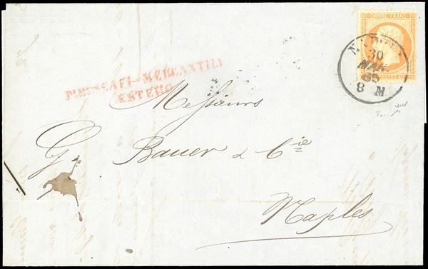 1865 - 40 cent. Napoleone III (Francia 23), perfetto, su lettera da Marsiglia 25/3/1865 a Napoli, dove il francobollo non annullato in partenza, venne annullato il 30/3/1865, sul fronte il bollo rosso "Piroscafi Mercantili Estero". Interessante caso di francobollo francese annullato in Italia. Chiavarello. Ex coll. Imperato.