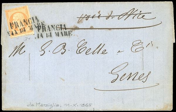 1865 - 40 cent. Napoleone III di Francia (Unificato 23), perfetto, su lettera da Marsiglia 11/10/1865, imbarcata direttamente sul postale francese e annullata in arrivo a Genova con il lineare su due righe "Francia-via di mare" in nero, manoscritto "VOLE DE NOCE" cancellato sul fronte e due tagli di disinfezione. Interessante e non comune. Chiavarello.