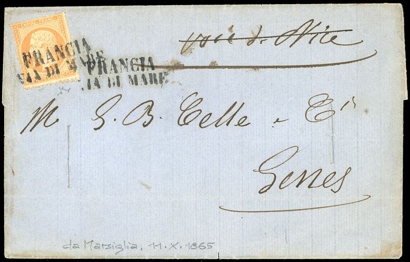 1865 - 40 cent. Napoleone III di Francia (Unificato 23), perfetto, su lettera da Marsiglia 11/10/1865, imbarcata direttamente sul postale francese e annullata in arrivo a Genova con il lineare su due righe "Francia-via di mare" in nero, manoscritto "VOLE DE NOCE" cancellato sul fronte e due tagli di disinfezione. Interessante e non comune. Chiavarello.  - Auction Philately - Cambi Casa d'Aste