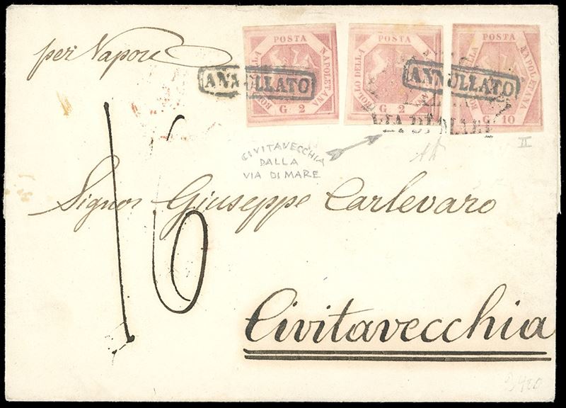 NAPOLI 1859 - 10 grana rosa carminio chiaro, II tavola, leggermente intaccato a destra, 2 grana rosa chiaro, I tavola, perfetti (11a,5), su fresca lettera da Napoli 24/9/1859 a Civitavecchia, tassata 16 grana, bollo "Civitavecchia della via di mare" coannullatore su due francobolli. Ottimo aspetto. A.Diena.  - Asta Filatelia - Cambi Casa d'Aste