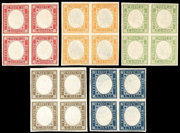 1861 - Non emessi, serie completa (1/5), blocchi di quattro, gomma originale, integra per 3 esemplari di ogni quartina, ad eccezione del 20 cent. (tutti con traccia di linguella), perfetti e molto freschi. Cert. Sorani.