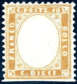 1862 - 10 cent. bistro giallastro (1), ottima centratura, non dentellato in basso perché proveniente dall'ultima fila orizzontale del foglio, gomma originale integra, perfetto e molto fresco. Cert. Alberto e Raffaele Diena, Fiecchi e Ferrario.