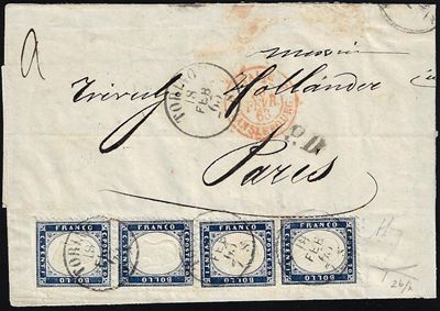 1863, 20 cent. indaco chiaro, due coppie verticali su sovracoperta di lettera da Torino a Parigi