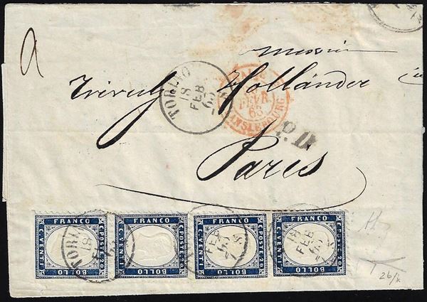 1863 - 20 cent. indaco chiaro, due coppie verticali, una non dentellata in basso (2b,2b/k), perfette, su sovracoperta di lettera da Torino 18/2/1863 a Parigi, in tariffa di doppio porto. Raro insieme, anche per l'uso nel 1863. A.Diena, cert. Bottacchi. (cat. Sassone € 60.000+ in proporzione).