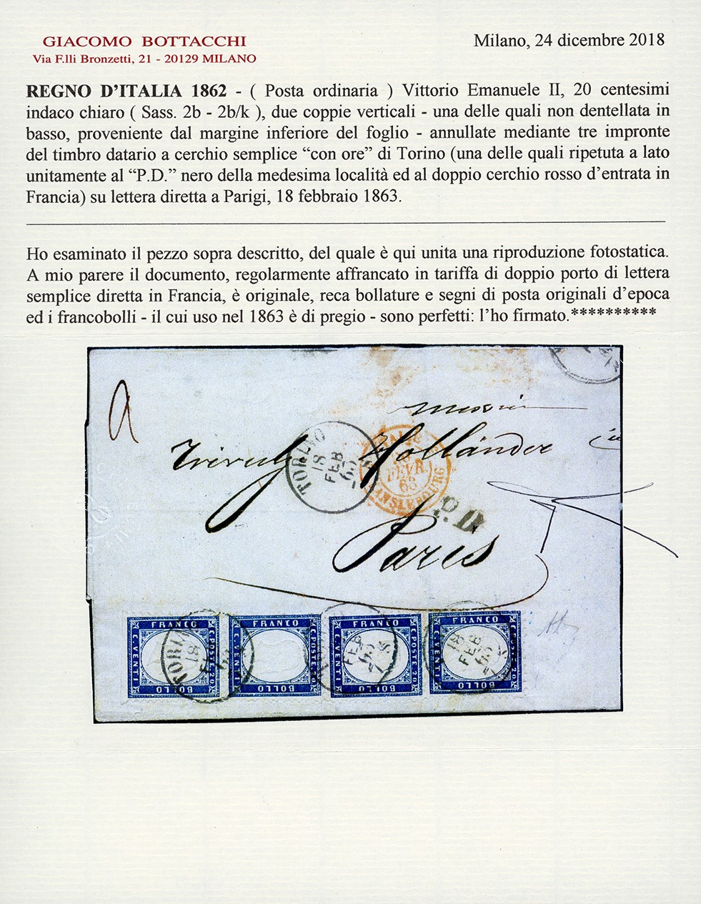 1863, 20 cent. indaco chiaro, due coppie verticali su sovracoperta di lettera da Torino a Parigi