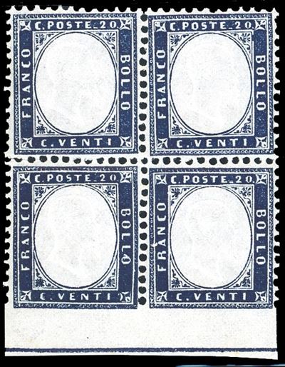Ferrario, 1862 - 20 centesimi indaco, blocco di quattro con difetti di dentellatura