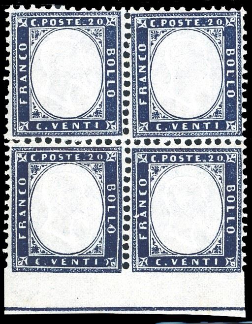 1862 - 20 cent. indaco, blocco di quattro, i due esemplari inferiori non dentellati in basso e con bordo di foglio con linea di riquadro (2l,2), ben centrato, nuovo, gomma originale integra, perfetto e molto fresco. Ferrario.  - Auction Philately - Cambi Casa d'Aste