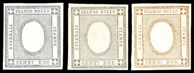 Francobolli di Sardegna e Regno, Serie completa con 1 e 2 cent. grigio nero e 2 cent. bistro, 186...
