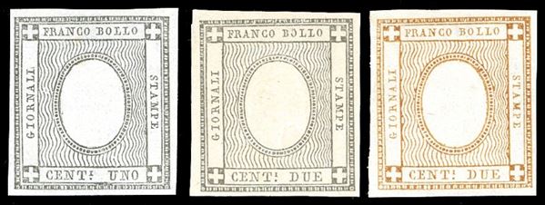 1861/62 - 1 e 2 cent. grigio nero e 2 cent. bistro, serie completa dei tre valori per stampati di Sardegna e Regno, con l'effigie al posto della cifra, francobolli sperimentali (10S,Sard.19S,20S, Bolaffi 44C,45C,65B), nuovi, gomma originale integra, perfetti. Splendidi. R.Diena, cert. Finanziario Bolaffi 70%.