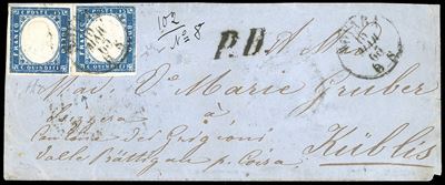 1863, 15 cent. azzurro tipo Sardegna, due esemplari su lettera