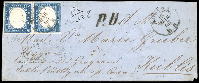 1863 - 15 cent. azzurro tipo Sardegna (11), due esemplari, uno perfetto e ben marginato, l'altro giusto a destra, su lettera da Novara 15/3/1863 a Kublis, in Svizzera, numerosi bolli di transito e di arrivo al verso. A.Diena, Chiavarello.  - Asta Filatelia - Cambi Casa d'Aste