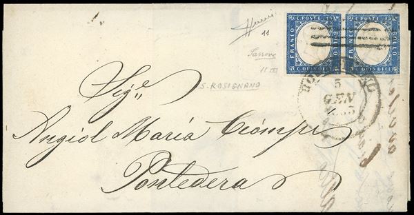 1863 - 15 cent. azzurro, tipo Sardegna (11), coppia rasente a destra, su lettera da Rosignano 5/1/1863 a Pontedera, annullata sia con il bollo di Rosignano che con le sbarre di Livorno, in transito. Rara, punti 12. Sorani.