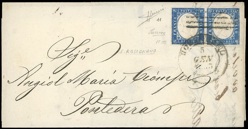 1863 - 15 cent. azzurro, tipo Sardegna (11), coppia rasente a destra, su lettera da Rosignano 5/1/1863 a Pontedera, annullata sia con il bollo di Rosignano che con le sbarre di Livorno, in transito. Rara, punti 12. Sorani.  - Auction Philately - Cambi Casa d'Aste
