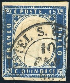 1863 - 15 cent. azzurro scuro, doppia effigie di cui una capovolta (11lb), perfetto, usato a Castel S.Giovanni 10/2/1863. Si tratta dell'UNICO ESEMPLARE NOTO di questa varietà, citato dal catalogo Sassone. Raybaudi, cert. Enzo Diena per esteso.