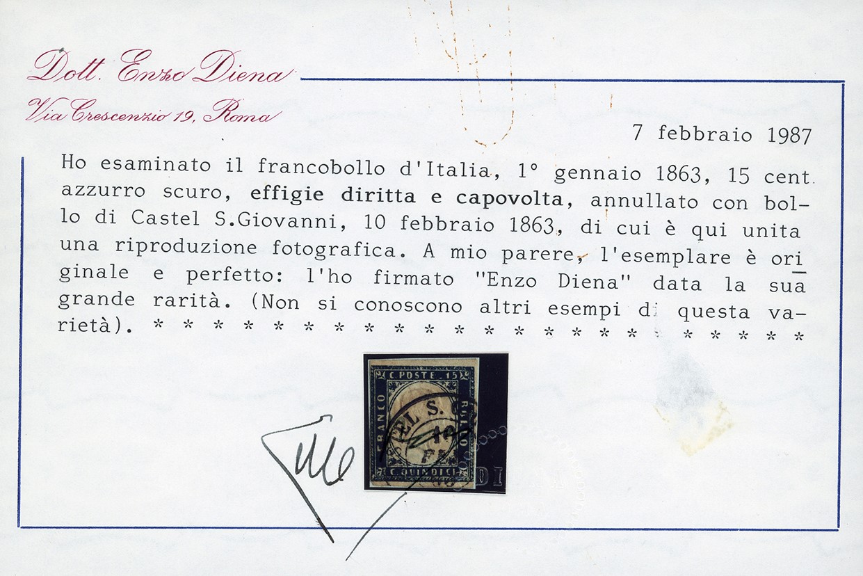 1863, 15 centesimi azzurro scuro, doppia effigie con una capovolta, usato a Castel S.Giovanni