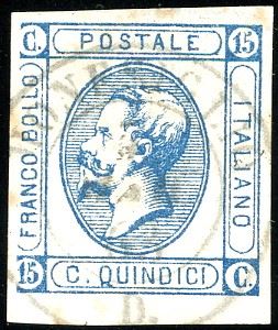 1863 - 15 cent. Litografico, I tipo, SENZA LA STAMPA DI RIQUADRO A SINISTRA (12fa), perfetto, usato a Monesiglio. Rarissimo, DUE SOLI ESEMPLARI NOTI. Fotocopia cert. Diena e Ferrario.