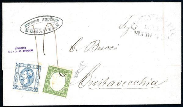 1863 - 15 cent. Litografico, II tipo (13), in affrancatura mista con 5 cent. verde IV emissione di Sardegna (13Ea), su lettera da Genova 1/12/1863, giorno d'emissione della serie De La Rue, a Civitavecchia, tassata 12 baj, bollo della via di mare sul fronte. I francobolli, che presentano una lieve piega, non vennero annullati in partenza ma in arrivo con il segno di tassa pontificia, perché la lettera venne consegnata direttamente alla nave che eseguì il trasporto. Insieme raro e di grande interesse. Cert. Ferrario.