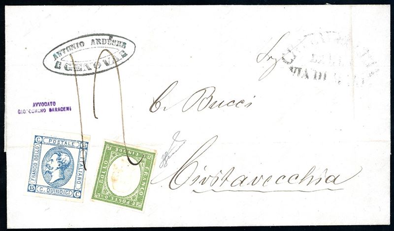 1863 - 15 cent. Litografico, II tipo (13), in affrancatura mista con 5 cent. verde IV emissione di Sardegna (13Ea), su lettera da Genova 1/12/1863, giorno d'emissione della serie De La Rue, a Civitavecchia, tassata 12 baj, bollo della via di mare sul fronte. I francobolli, che presentano una lieve piega, non vennero annullati in partenza ma in arrivo con il segno di tassa pontificia, perché la lettera venne consegnata direttamente alla nave che eseguì il trasporto. Insieme raro e di grande interesse. Cert. Ferrario.  - Asta Filatelia - Cambi Casa d'Aste