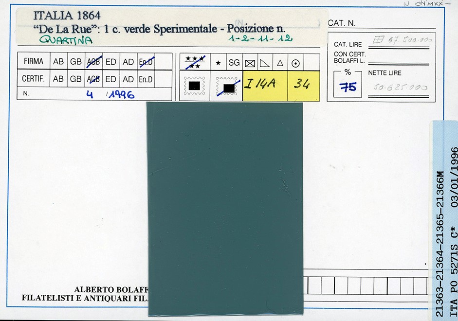 De La Rue, 1 cent. verde grigio chiaro, francobollo sperimentale con tratto bianco orizzontale