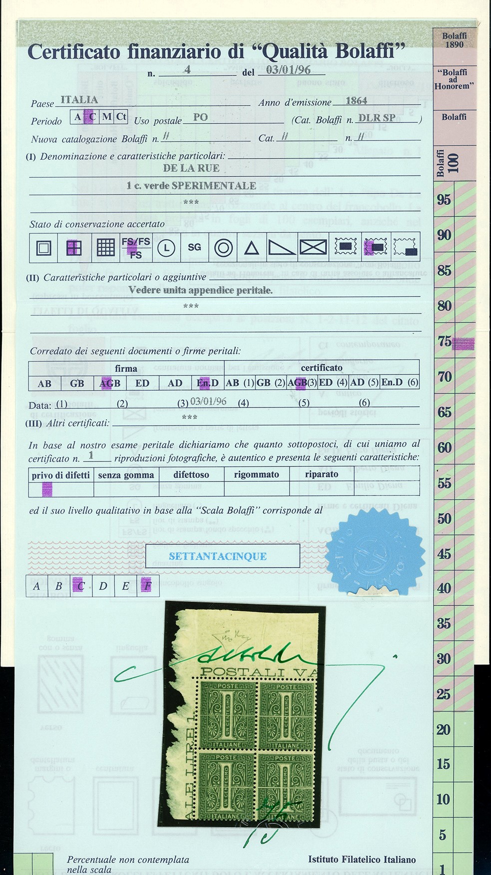 De La Rue, 1 cent. verde grigio chiaro, francobollo sperimentale con tratto bianco orizzontale