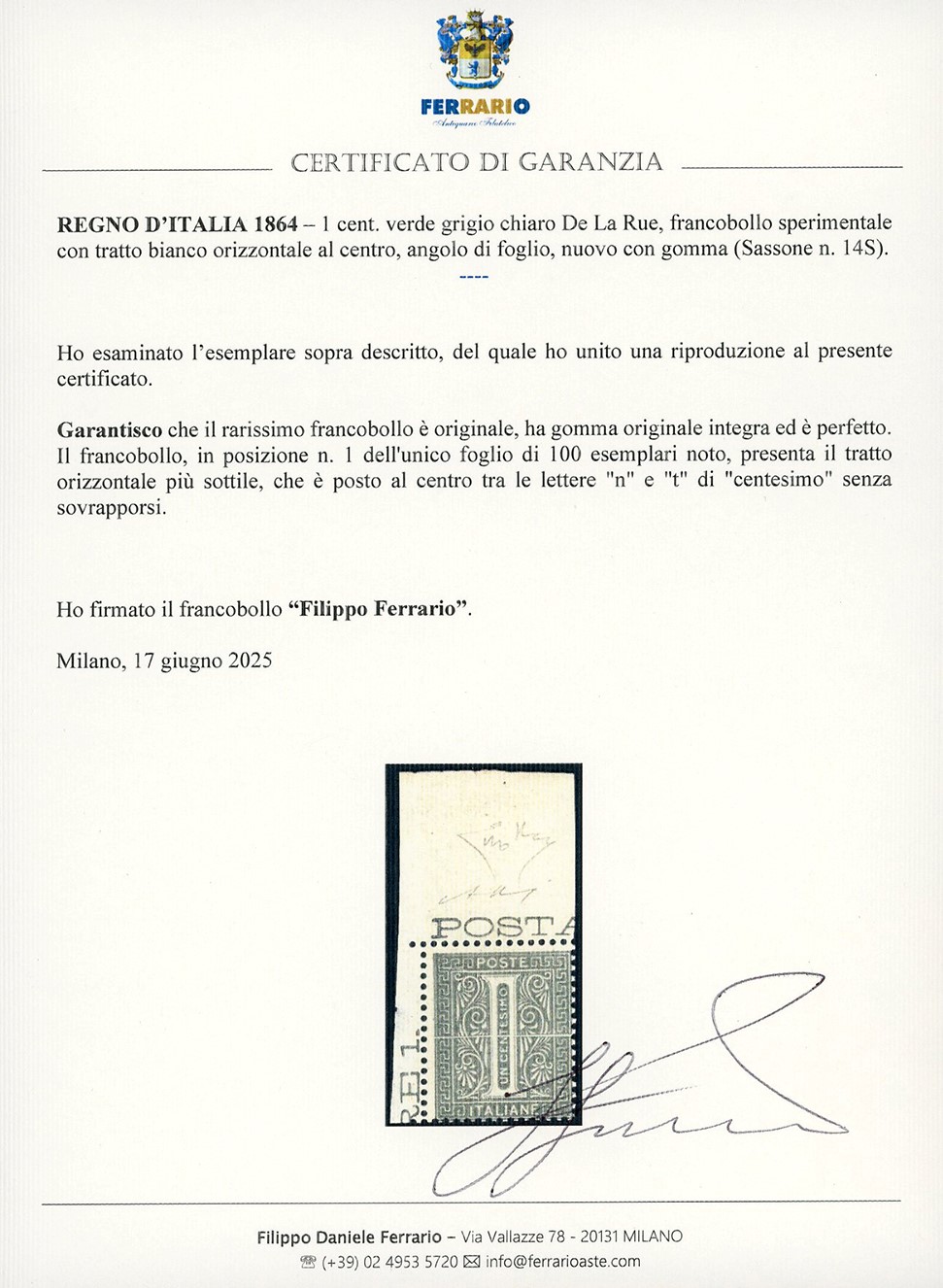 De La Rue, 1 cent. verde grigio chiaro, francobollo sperimentale con tratto bianco orizzontale