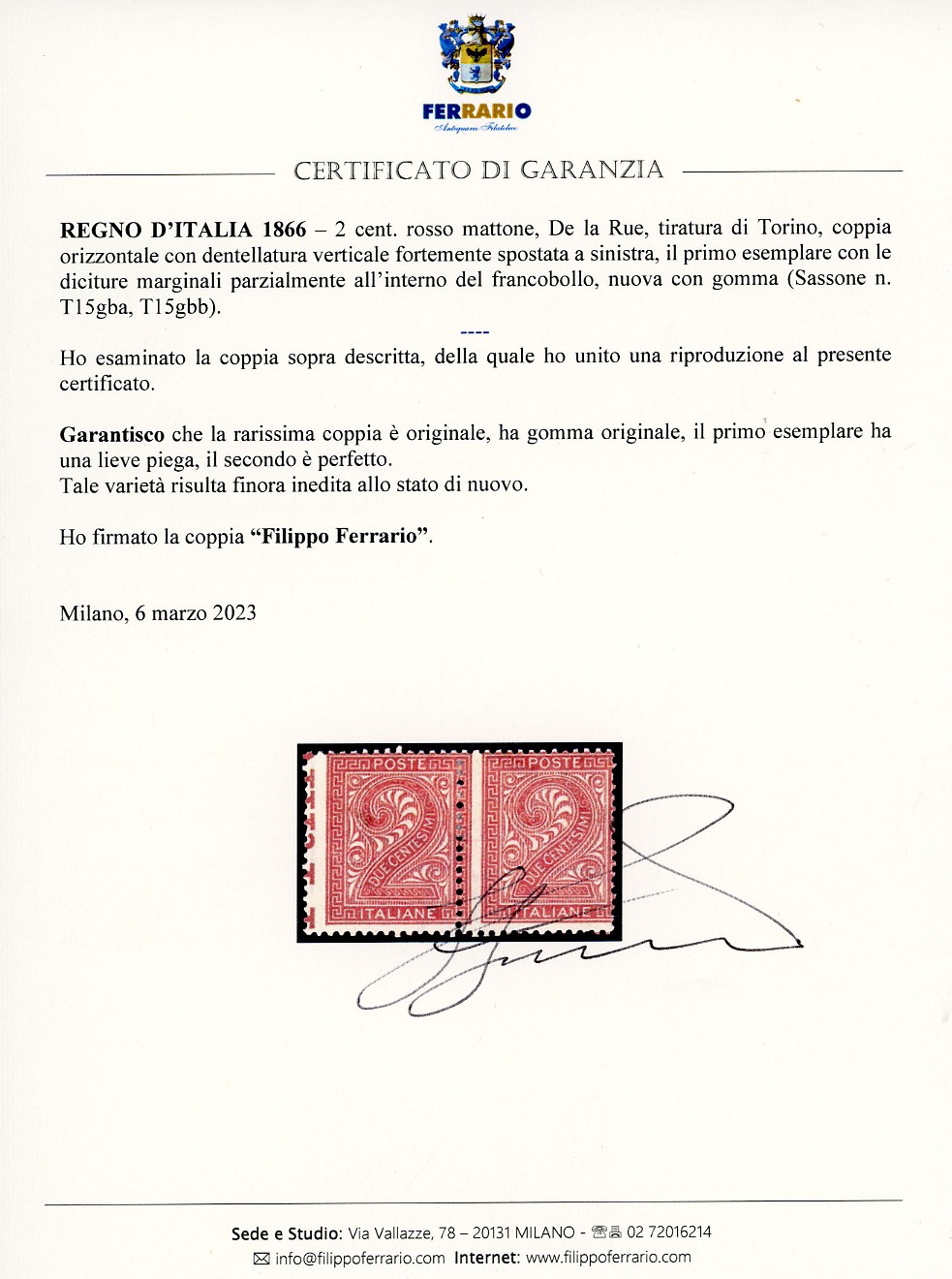 1866, 2 cent. De La Rue, coppia orizzontale con dentellatura verticale spostata