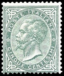 1865 - 5 cent. verde grigio scuro, De La Rue, tiratura di Torino (T16), gomma originale, leggera traccia di liguella, ottima qualità. G.Oliva, Zanaria, cert. E.Diena.  - Asta Filatelia - Cambi Casa d'Aste