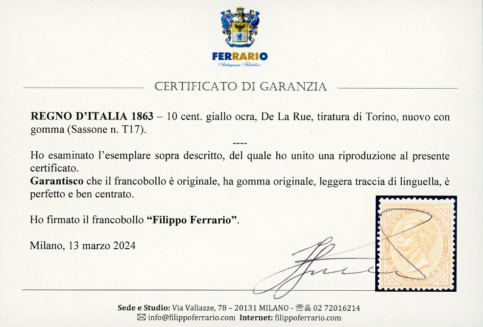De La Rue, 10 cent. giallo ocra (1866), tiratura di Torino