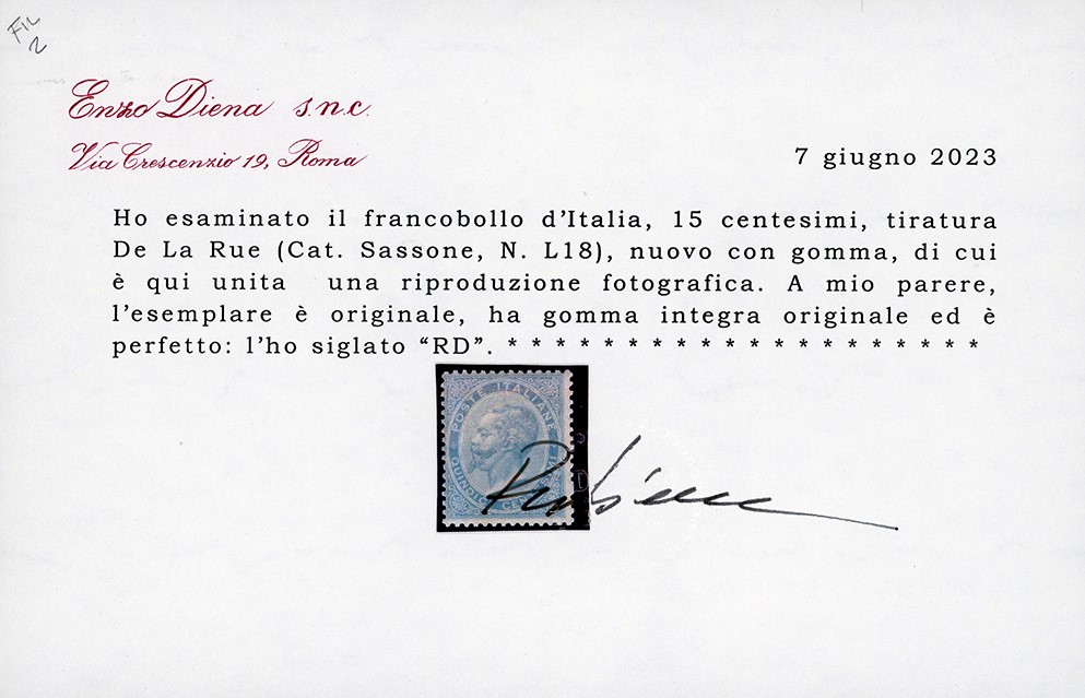 1863, 15 cent. De La Rue (L18), gomma originale integra