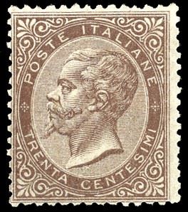 1863 - 30 cent. bruno, De La Rue, tiratura di Londra (L19), gomma originale integra, perfetto e molto fresco. Raro e di ottima qualità. Cert. Diena e Ferrario.