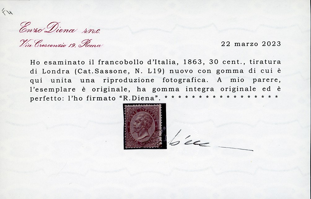 De La Rue, Francobollo da 30 centesimi bruno del 1863, Londra (L19), gomma originale integra