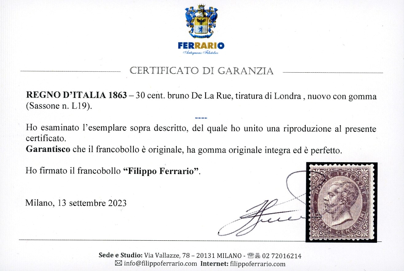 De La Rue, Francobollo da 30 centesimi bruno del 1863, Londra (L19), gomma originale integra