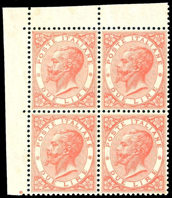 1866 - 2 lire De La Rue, tiratura di Torino (T22), ben centrato, blocco di quattro, angolo di foglio, nuovo, gomma originale integra, perfetto. Ferrario.  - Asta Filatelia - Cambi Casa d'Aste