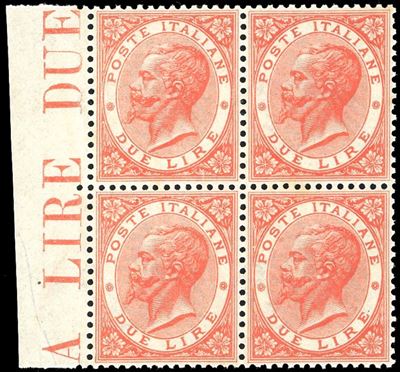 De La Rue, 2 lire, tiratura di Torino (1866), blocco di quattro